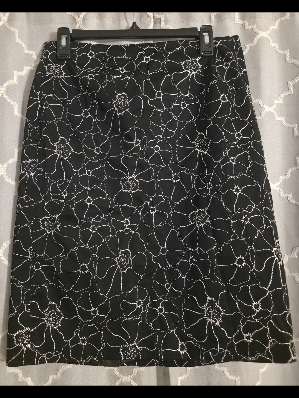 Apostrophe Black Pencil Skirt with White Floral Stitching
